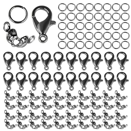 100-teiliges Set mit Karabinerverschluss, Jump Connector, Crimp-Endperlen für Armbänder, Halsketten, Ketten, DIY-Schmuckherstellung, Zubehör-Set, Stil 1, Gun Black von HJGUI