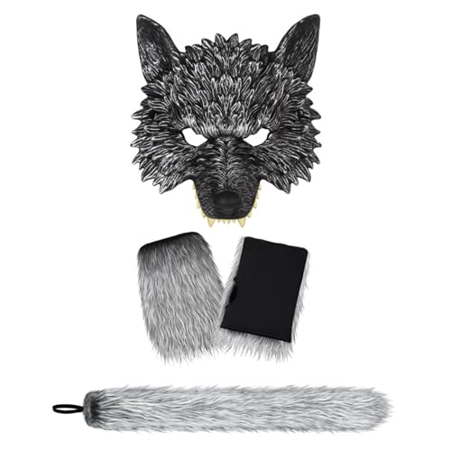 HJHB1WL HHBWL1 Halloween-Wolf-Anzug, Maske, Handschuhe, Schwanz, Cosplay, Party, Verkleidung, Requisiten, Kostüm-Zubehör (zweiteiliges Set) von HJHB1WL