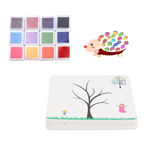 HJIAMA Fingerstempel 12 Stück, Fingerabdruck Set Farben, mit 30 Zeichenkarten Förderung Kreativität, Stempelkissen Bunt, Stempelkissen für Fingermalerei, Mattenmalerei, Scrapbooking von HJIAMA