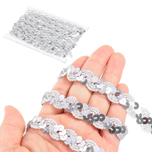 HJIAMA Gewelltes Elastische Pailletten 25 m, Breite 15 mm Paillettenband Glitzer Borte, Pailletten Bänder Silber, Paillette für Party Dekoration, Möbel, DIY von HJIAMA