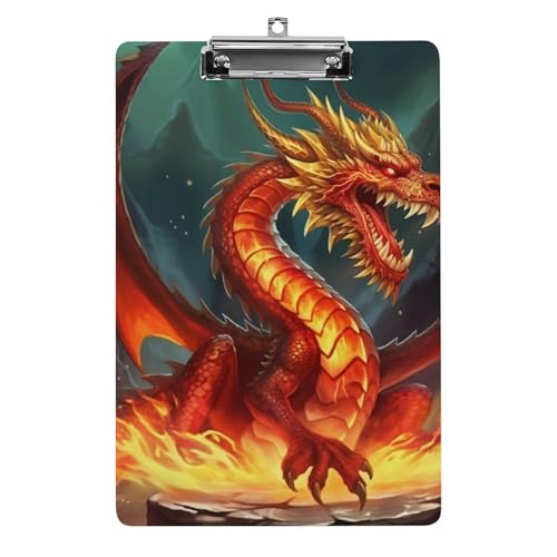 Dragon King in Fire Acryl-Klemmbretter mit flachem Profil-Clip zum Aufhängen, personalisierte Klemmbretter, entworfen für Büro und Feld, Standard-A4, Briefgröße 21,6 x 31,8 cm von HJKBCV