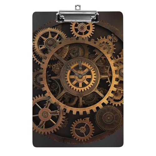 Gears Clock Bronze Century Acryl-Klemmbretter mit flachem Profil-Clip zum Aufhängen, personalisierte Klemmbretter, entworfen für Büro und Feld, Standard-A4, Briefgröße 21,6 x 31,8 cm von HJKBCV