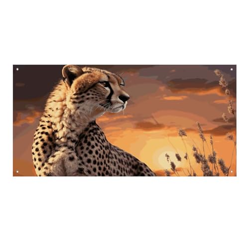 Großes Banner, personalisiertes Banner, Hof-Banner, Schild, Gepard mit Blick über die Savanne mit Sonnenuntergang, Partyschilder, 300D-Polyester, blanko, Banner mit vier runden Metalllöchern, Banner von HJKBCV