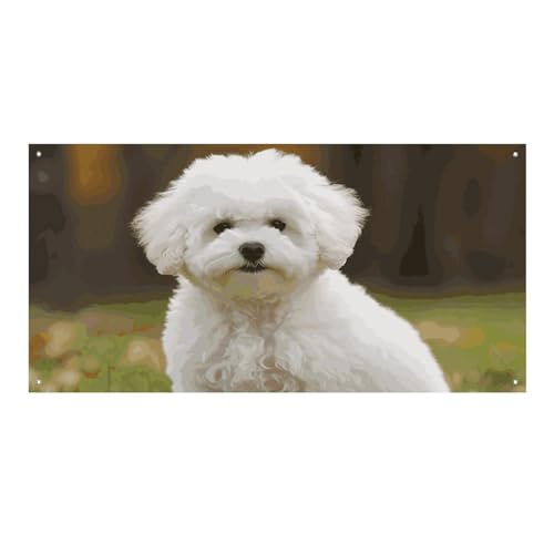 Großes Banner, personalisiertes Banner, Hofbanner, Schild, Bichon Frisé, Hunde-Partyschilder, 300D-Polyester, blanko, Banner mit vier runden Metalllöchern, Banner für Party-Dekoration von HJKBCV