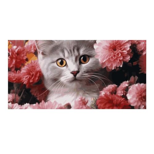 Großes Banner, personalisiertes Banner, Hofbanner, Schild, Katze in Blumen, Partyschilder, 300D-Polyester, blanko, Banner mit vier runden Metalllöchern, Banner für Party-Dekoration von HJKBCV