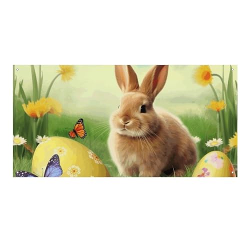 Großes Banner, personalisiertes Banner, Hofbanner, Schild, Osterhase, Frühling, Schmetterling, Partyschilder, 300D Polyester, blanko, Banner mit vier runden Metalllöchern, Banner für Party-Dekoration von HJKBCV