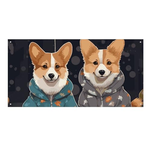 Großes Banner, personalisiertes Banner, Hofbanner mit Kleidung, Corgi-Hunde-Partyschilder, 300D-Polyester, blanko, Banner mit vier runden Metalllöchern, Banner für Party-Dekoration von HJKBCV