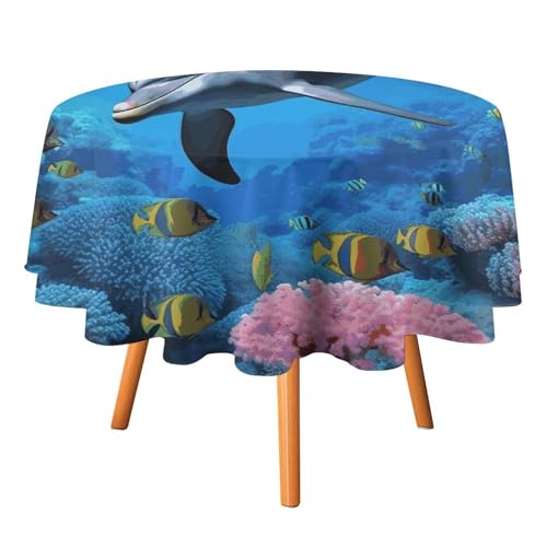 HJKBCV Tischdecke, wasserdicht, 300D-Polyester, Tischdecke Delfin im Korallenriff, Tischdecke für Küche, knitterfrei, Tischdecken für Esstisch, für den Außenbereich von HJKBCV