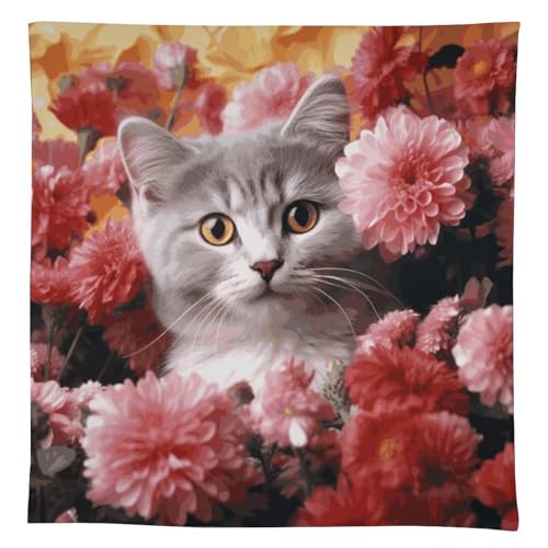 HJKBCV Tischdecke, wasserdicht, 300D-Polyester, Tischdecke mit Katze in Blumen, Tischdecke für Küche, knitterfrei, Tischdecken für Esstisch, für den Außenbereich von HJKBCV