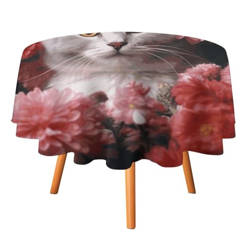 HJKBCV Tischdecke, wasserdicht, 300D-Polyester, Tischdecke mit Katze in Blumen, Tischdecke für Küche, knitterfrei, Tischdecken für Esstisch, für den Außenbereich von HJKBCV