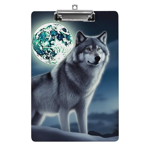 Wolf Under Moon Acryl-Klemmbretter mit flachem Profil-Clip zum Aufhängen, personalisierte Klemmbretter, entworfen für Büro und Feld, Standard-A4, Briefgröße 21,6 x 31,8 cm von HJKBCV