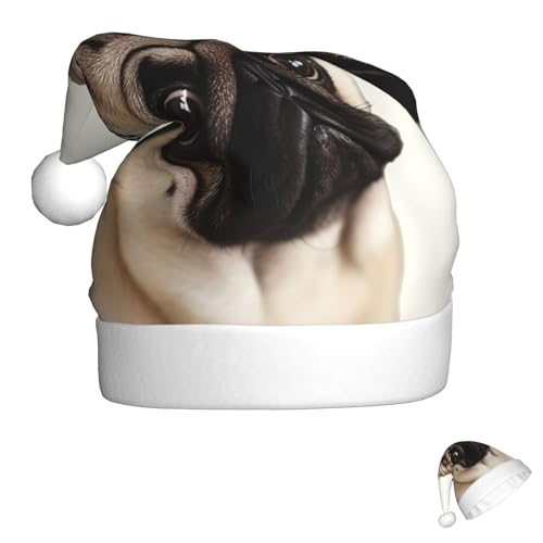 Weihnachtsmütze, Weihnachtsmannmütze, Mops, Hund, Weihnachtsmütze für Erwachsene, Unisex, Weihnachtsmütze für Silvester, Party, Kopfbedeckung von HJRT