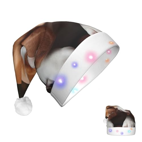 Weihnachtsmütze mit LED-Licht, Weihnachtsmannmütze für Erwachsene, Plüsch, niedlicher Beagle, Unisex, Urlaubsmütze für Neujahrsparty von HJRT