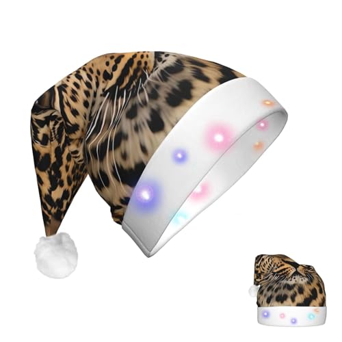 Weihnachtsmütze mit LED-Licht, Weihnachtsmannmütze für Erwachsene, Plüsch, niedlicher Leopard, Unisex, Urlaubsmütze für Neujahrsparty von HJRT