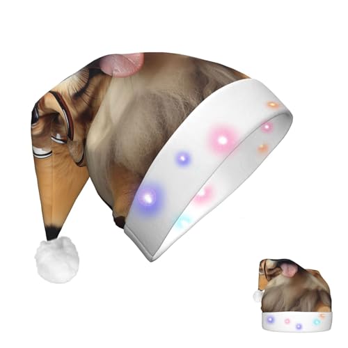 Weihnachtsmütze mit LED-beleuchteter Weihnachtsmannmütze für Erwachsene, Plüschmütze, Zwergspitz, Hund, mit Brille, Unisex, Urlaubsmütze für Neujahrsparty von HJRT