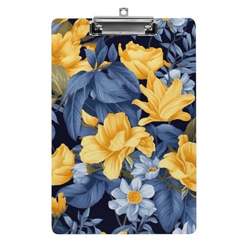 Acryl-Klemmbrett, lustiges Design, blaue Basis, gelbe Blumen-Klemmbrett, 21,6 x 30,5 cm, Papierformat mit niedrigem Profil, niedliche hängende Klemmbretter für Arbeit und Bürobedarf von HJUQNGF