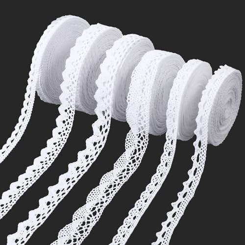 HJZHII 27 Meter Spitzenband Weiß, 4,5 Meter/Rolle, 6 Rollen Spitzenband Wachteleier Deko Spitzenstoff Geschenkband Stoff Stoffband Bänder Zum Basteln DIY Nähen Handwerk Hochzeit Deko von HJZHII