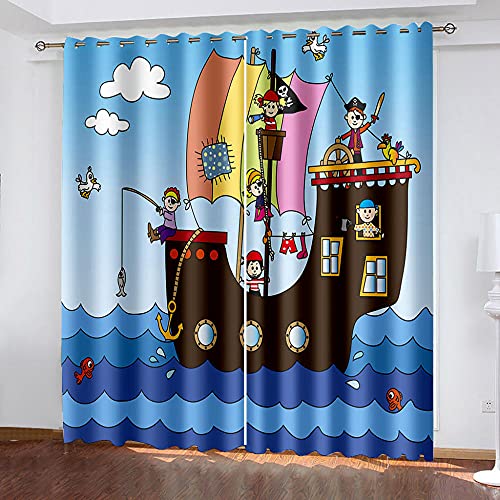 HKDGHTHJ Geräuschreduzierung Vorhang 200 X 160 cm Blau Meer Pirat Cartoon Verdunkelungsvorhänge Wohnzimmer Schlafzimmer 3D Druck Design Fenster Vorhang Ösen Raum Verdunklung Vorhänge 1 Paar von HKDGHTHJ