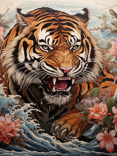 HKFLD 5D DIY Diamond Painting Tiger, Diamond Art Kits Adults Animal, Round Full Drill & Crafts Cross Stitch Paint by Number Kits for Home Wall Decor Gift Decoration -50 * 60cm von HKFLD