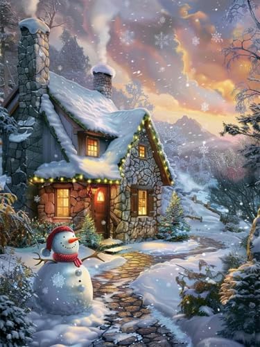 HKFLD 5D Diamond Painting Kits DIYDiamondRhinestone Crystal Painting Painting by Numbers for Children Adults Home Wall Decoration Snowman hut 50 * 60cm von HKFLD