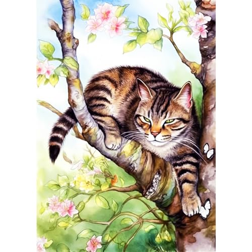 HKFLD Cat Flower Tree Diamond Painting, 5D Diamond Painting Adult Picture Painting Set, Full Mosaic Making for Adults, Home Wall Decor 40 * 50cm von HKFLD