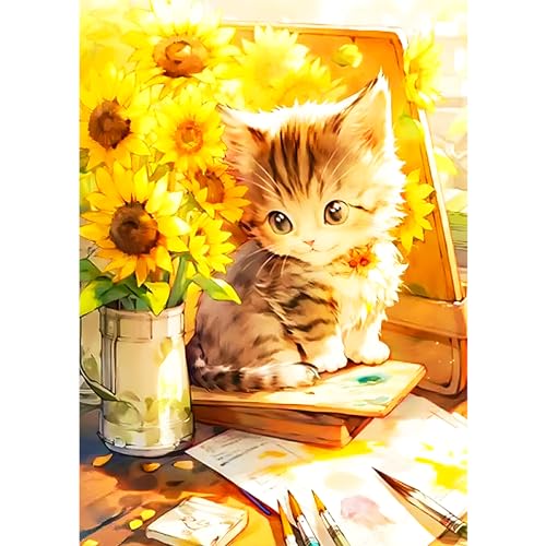 HKFLD Cat Sunflower Diamond Painting Set for Adults, Diamond Painting Kits, 5D Diamond Painting Set, DIY Diamond Painting Craft Pictures Arts as a Gift for Home Wall Decor 40 * 50cm von HKFLD