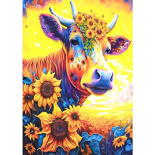 HKFLD Cow Sunflower Diamond Painting, Diamond Painting Pictures, DIY Cross Embroidery Painting Kits, Living Room, Bedroom, Wall and Entrance Decoration, 40 * 50cm von HKFLD