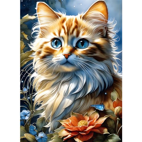 HKFLD Diamond Painting Adults, Cute Flower Cat 5D Diamond Painting Pictures Adults, DIY Diamond Painting Craft Set by Numbers Home Decor Gift40*50cm von HKFLD