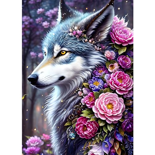 HKFLD Diamond Painting Adults, Wolf Flowers 5D Diamond Painting Pictures Adults, DIY Diamond Painting Craft Set by Numbers Home Decor Gift30*40cm von HKFLD