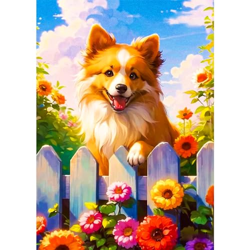 HKFLD Dog Flowers Diamond Painting Kits for Adults, DIY 5D Diamond Art Paint with Round Diamond, Full Drill Gem Art Painting Kit for Home Wall Decor Gifts 30 * 40cm von HKFLD