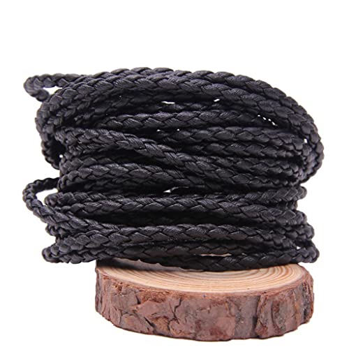 HKHKH Lederschnüre, schwarz braun geflochtenes PU -Seil, 3/4/5/6/8 mm runde Lederkabelschnur, Schmuckzubehör for DIY -Halskettenarmband Herstellung Erkenntnis(Black,3mm) von HKHKH