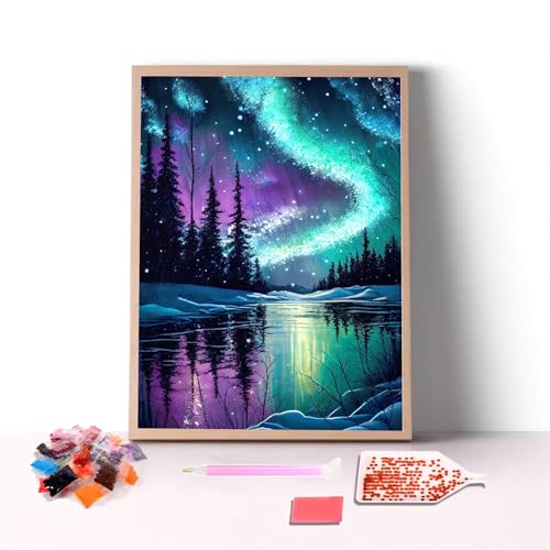 HKLIOPU 5D Diamond Painting Kit Strass Stickerei Kunst 30x40cm Nordlichter Szene Dimond Art Kit von HKLIOPU