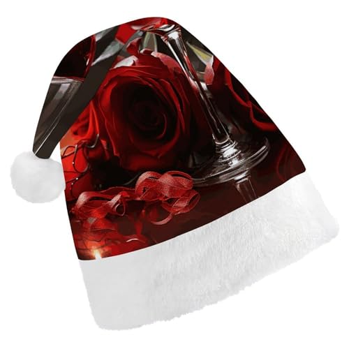 HKMNTGD Personalisierte Weihnachtsmannmütze, weicher Plüsch, Weihnachtsmannmütze, rote Rose, Weinglas und Kerze, bedruckt, Weihnachtsmützen für Erwachsene von HKMNTGD