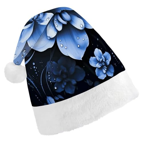 HKMNTGD Personalisierte Weihnachtsmannmütze, weicher Plüsch, benutzerdefinierte Weihnachtsmannmütze, blaue Blume bedruckt, Weihnachtsmützen für Erwachsene von HKMNTGD