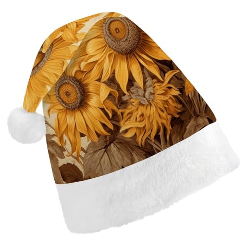 HKMNTGD Personalisierte Weihnachtsmannmütze, weicher Plüsch, individuelle Weihnachtsmannmütze, Bienen und Sonnenblumen auf altem Papier, bedruckt, Weihnachtsmützen für Erwachsene von HKMNTGD