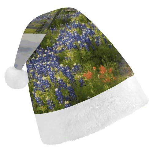 HKMNTGD Personalisierte Weihnachtsmannmütze, weicher Plüsch, individuelle Weihnachtsmannmütze, Texas-Blubonnets-Landschaft, bedruckt, Weihnachtsmützen für Erwachsene von HKMNTGD