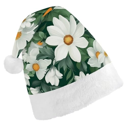 HKMNTGD Personalisierte Weihnachtsmannmütze, weicher Plüsch, individuelle Weihnachtsmannmütze, grüne Blätter und weiße Blumen, bedruckt, Weihnachtsmützen für Erwachsene von HKMNTGD