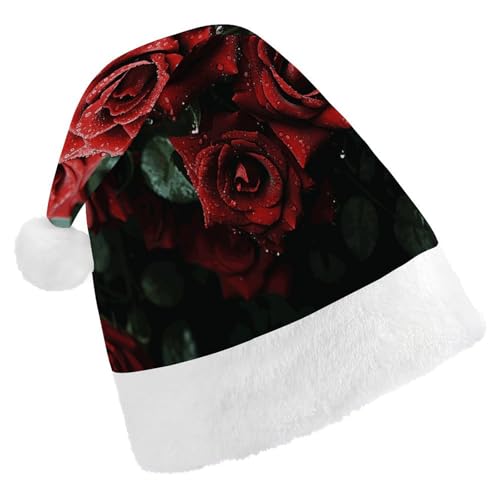 HKMNTGD Personalisierte Weihnachtsmannmütze, weicher Plüsch, individuelle Weihnachtsmannmütze, rote und schwarze Rose, bedruckt, Weihnachtsmützen für Erwachsene von HKMNTGD