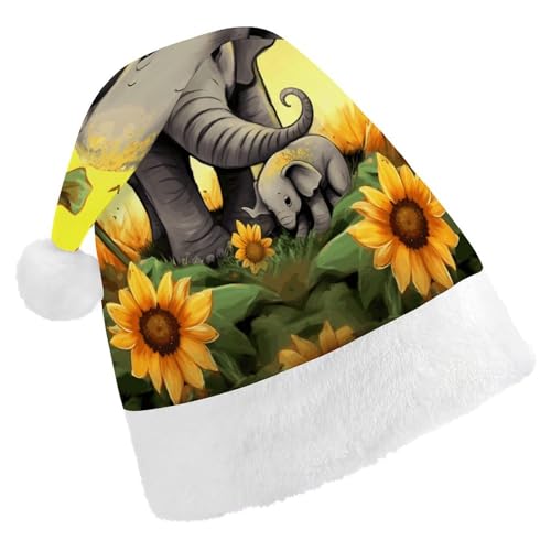 HKMNTGD Personalisierte Weihnachtsmannmütze, weicher Plüsch, individuelle Weihnachtsmütze, Mutter und Baby, Elefant, Sonnenblumen, bedruckt, Weihnachtsmützen für Erwachsene von HKMNTGD