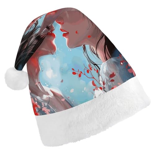 HKMNTGD Personalisierte Weihnachtsmannmütze, weicher Plüsch, personalisierbar, Anime-Stil, Paar, bedruckt, Weihnachtsmützen für Erwachsene von HKMNTGD