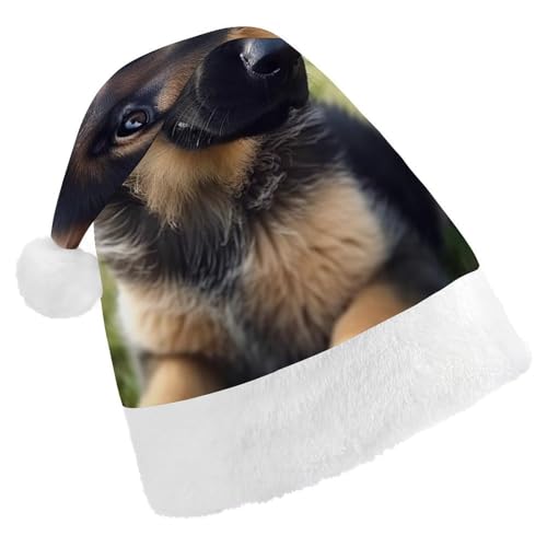 HKMNTGD Personalisierte Weihnachtsmannmütze, weicher Plüsch, personalisierbar, Deutscher Schäferhund, Welpe, bedruckt, Weihnachtsmützen für Erwachsene von HKMNTGD