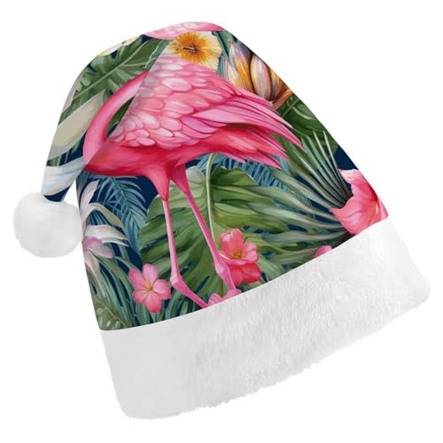 HKMNTGD Personalisierte Weihnachtsmannmütze, weicher Plüsch, personalisierbar, Flamingo-Blumenmuster, bedruckt, Weihnachtsmützen für Erwachsene von HKMNTGD