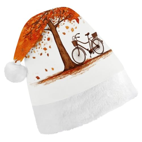 HKMNTGD Personalisierte Weihnachtsmannmütze, weicher Plüsch, personalisierbar, Herbstbaum mit altem Fahrrad, bedruckt, Weihnachtsmützen für Erwachsene von HKMNTGD