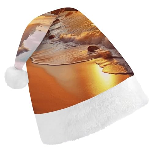 HKMNTGD Personalisierte Weihnachtsmannmütze, weicher Plüsch, personalisierbar, Motiv: tropischer Strand bei Sonnenuntergang, bedruckt, Weihnachtsmützen für Erwachsene von HKMNTGD