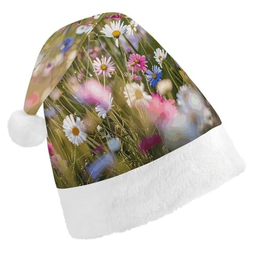 HKMNTGD Personalisierte Weihnachtsmannmütze, weicher Plüsch, personalisierbar, Weihnachtsmannmütze, Blumen im Feld, bedruckt, Weihnachtsmützen für Erwachsene von HKMNTGD