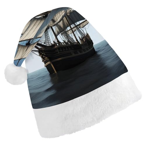 HKMNTGD Personalisierte Weihnachtsmannmütze, weicher Plüsch, personalisierbar, altes Segelschiff, bedruckt, Weihnachtsmützen für Erwachsene von HKMNTGD