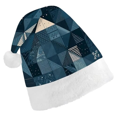 HKMNTGD Personalisierte Weihnachtsmannmütze, weicher Plüsch, personalisierbar, blaues geometrisches Muster, bedruckt, Weihnachtsmützen für Erwachsene von HKMNTGD