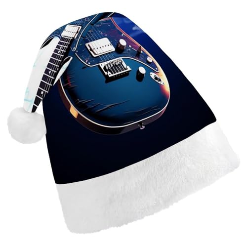 HKMNTGD Personalisierte Weihnachtsmannmütze, weicher Plüsch, personalisierbar, mit blauer Gitarre, Weihnachtsmützen für Erwachsene von HKMNTGD