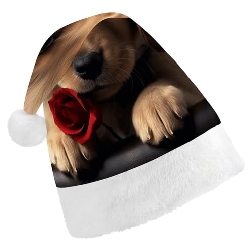 HKMNTGD Personalisierte Weihnachtsmannmütze, weicher Plüsch, personalisierbar, niedlicher Hund, bedruckt, Weihnachtsmütze für Erwachsene von HKMNTGD