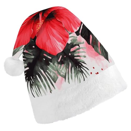 HKMNTGD Personalisierte Weihnachtsmannmütze, weicher Plüsch, personalisierbar, roter Hibiskus, Weihnachtsmützen für Erwachsene von HKMNTGD